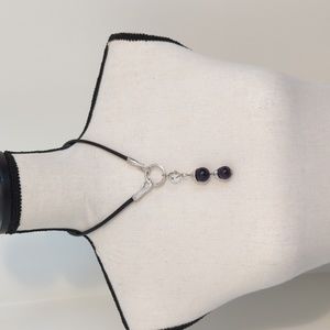 Black Leather Y Silver and Dark Purple Necklace